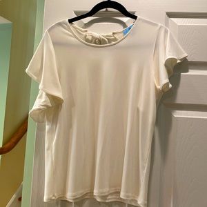 CeCe White blouse with flutter sleeves. The back has an open back with a bow.